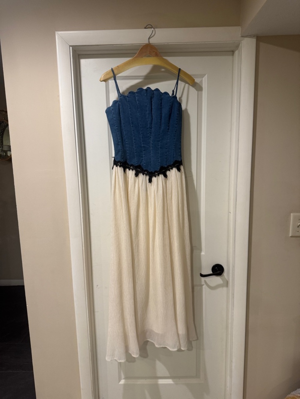 NWOT Denim and Cream Maxi Dress with Black Lace Accent
